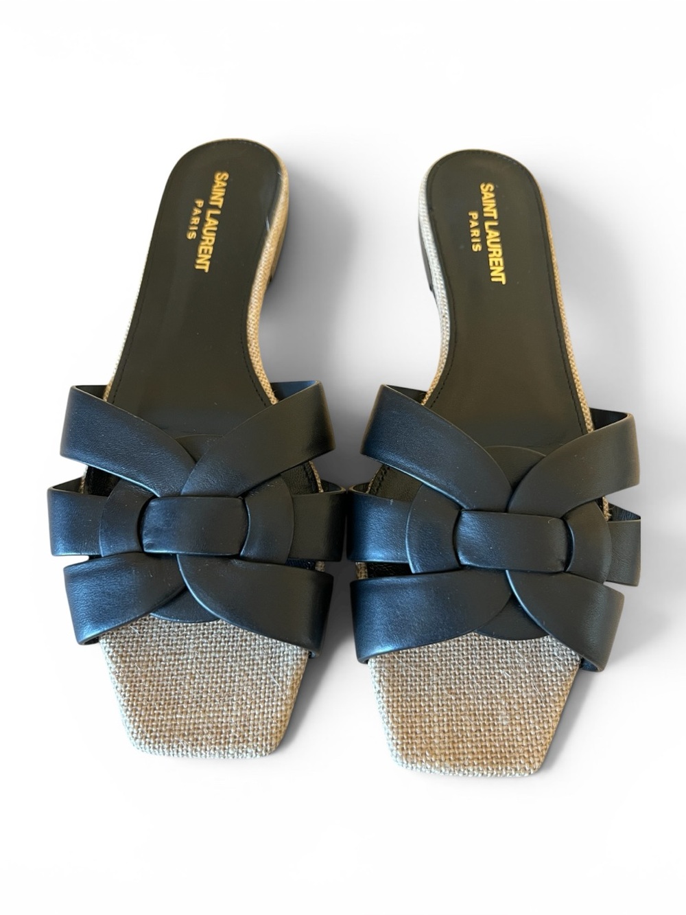 Saint Laurent Paris Tribute Slide Sandals Black Leather Raffia Mule Flats EU 39